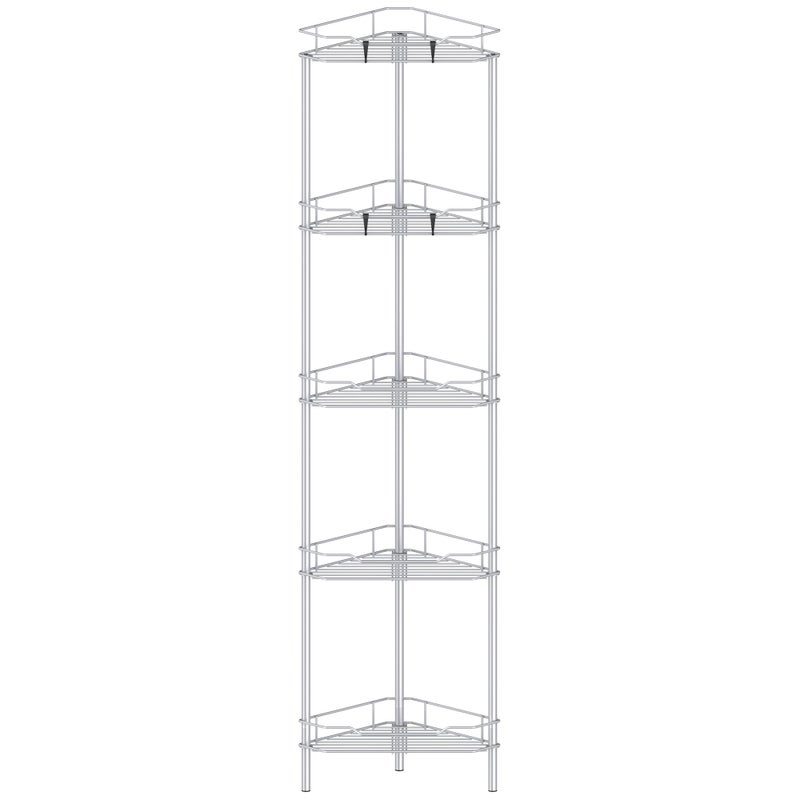 HuggieGems 5 Tier Floor Standing Corner Shower Caddy Organizer Shelf with Hooks, Bathroom Shelves Stand Rack, Silver - Image 1